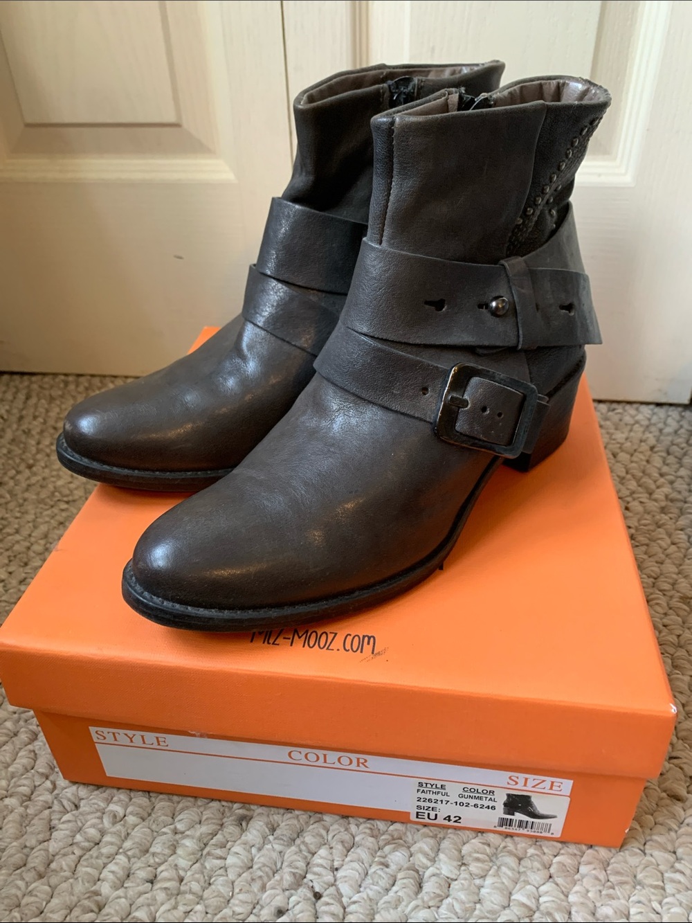 Women's Miz Mooz Faithful Ankle Boots in Gunmetal with Buckle Detail